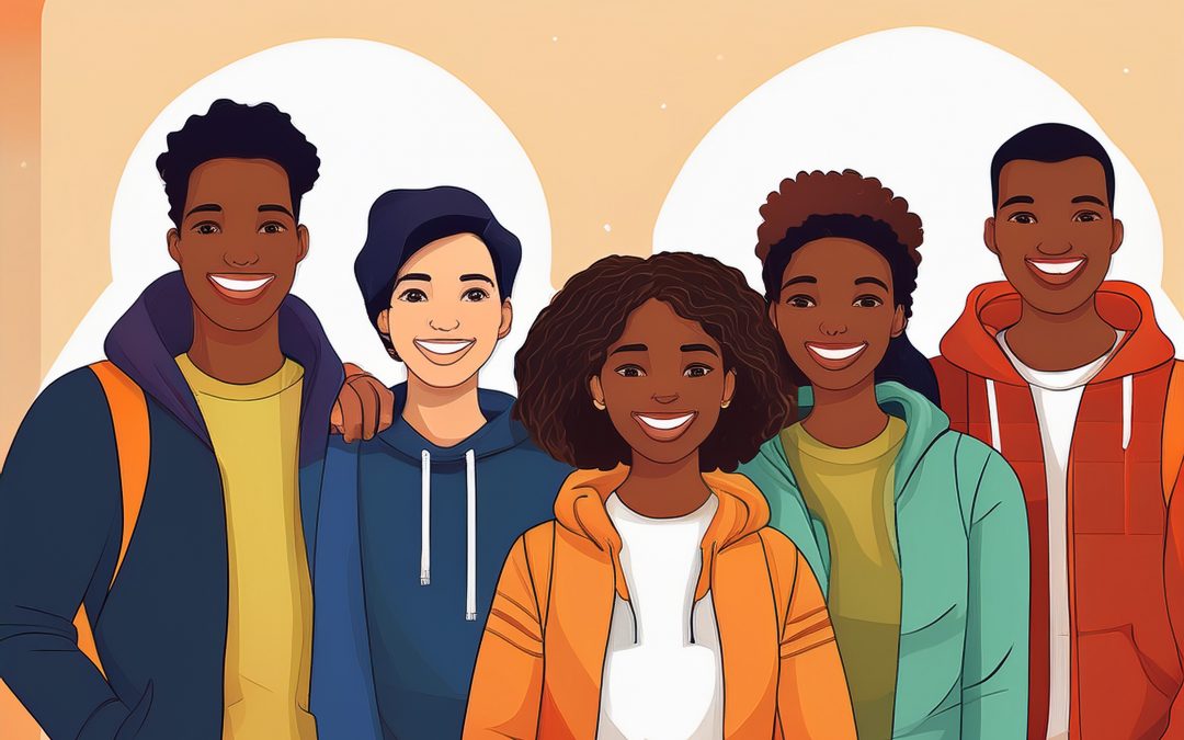 Gruppe von Jugendlichen in bunten Jacken.