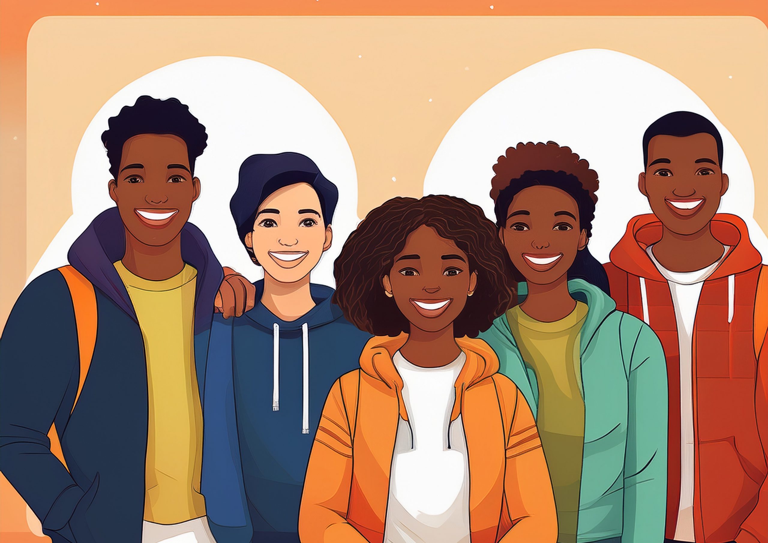 Bild für Flyer TN Dokumentarfilm Gruppe von Jugendlichen in bunten Jacken.